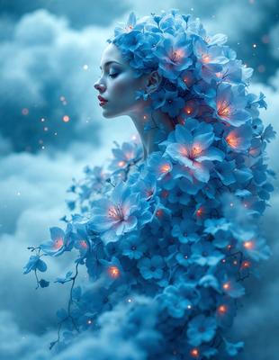 The primary subject of the image is a woman with a blue flower crown on her head. She is surrounded by a beautiful blue flower arrangement, which is the main focus of the scene. The setting appears to be a cloudy sky, creating a serene and dreamy atmosphere. The visual style of the image is a combination of digital art and illustration, with the woman and flowers being depicted in a vibrant and artistic manner. The dominant colors in the image are blue and white, which contribute to the overall mood of the